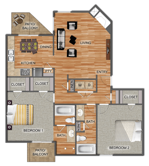 Floor plan for 2 beds, 2 baths, 1030 sqft